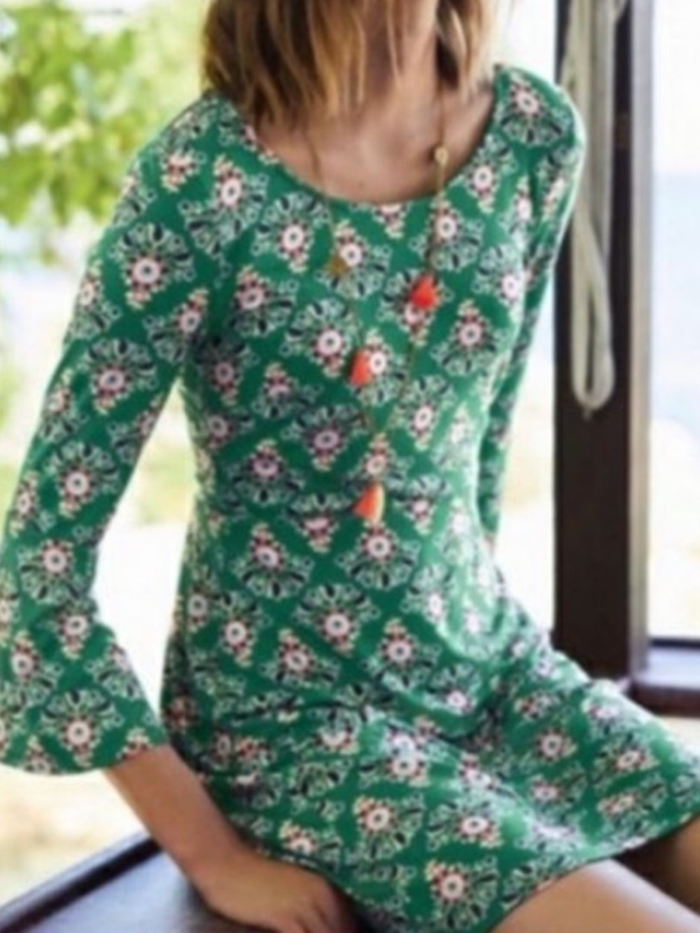 Boden Green Floral Bell Sleeve Miriam Jersey Knit Dress